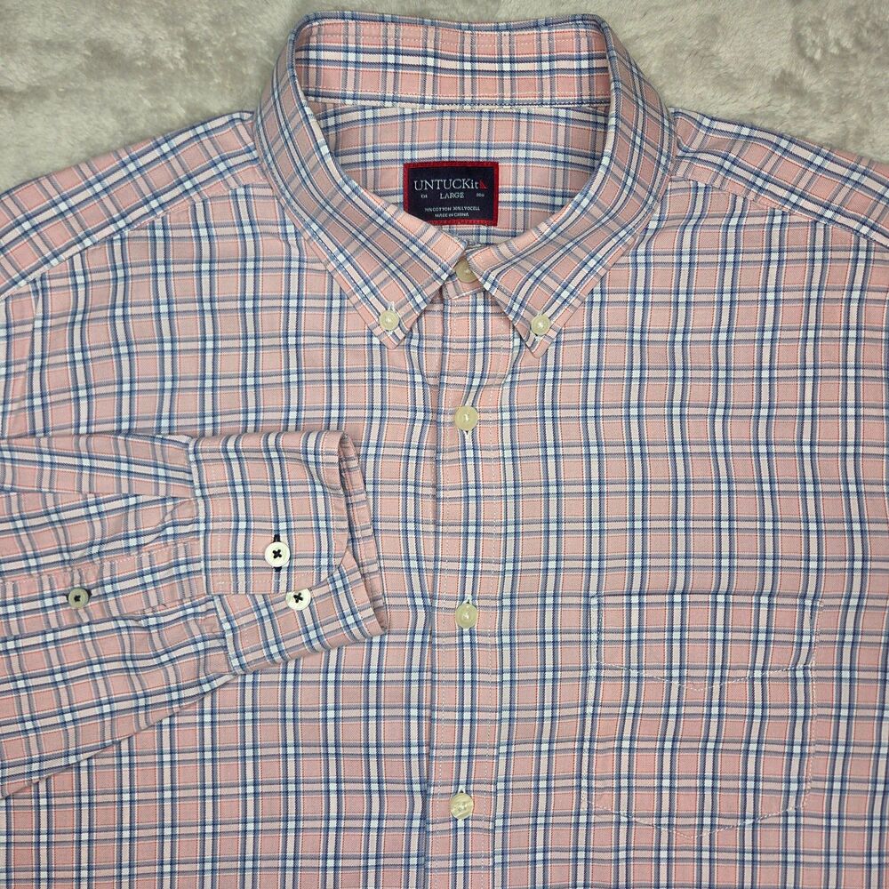 Untuckit Martolla Pink Plaid Cotton Blend Long Sleeve Button Down Shirt Men's L